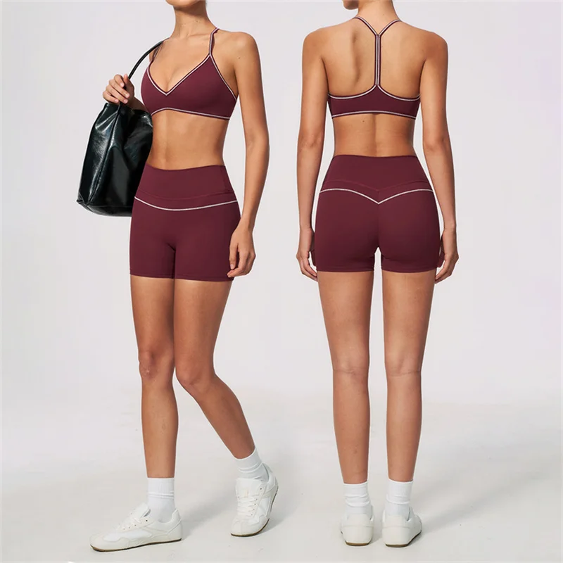 TRY TO BN Gym Shorts Set Colorblock Sports Bra Women's Tracksuit Tummy Control Booty Lift Fitness Leggings Workout Yoga Clothing