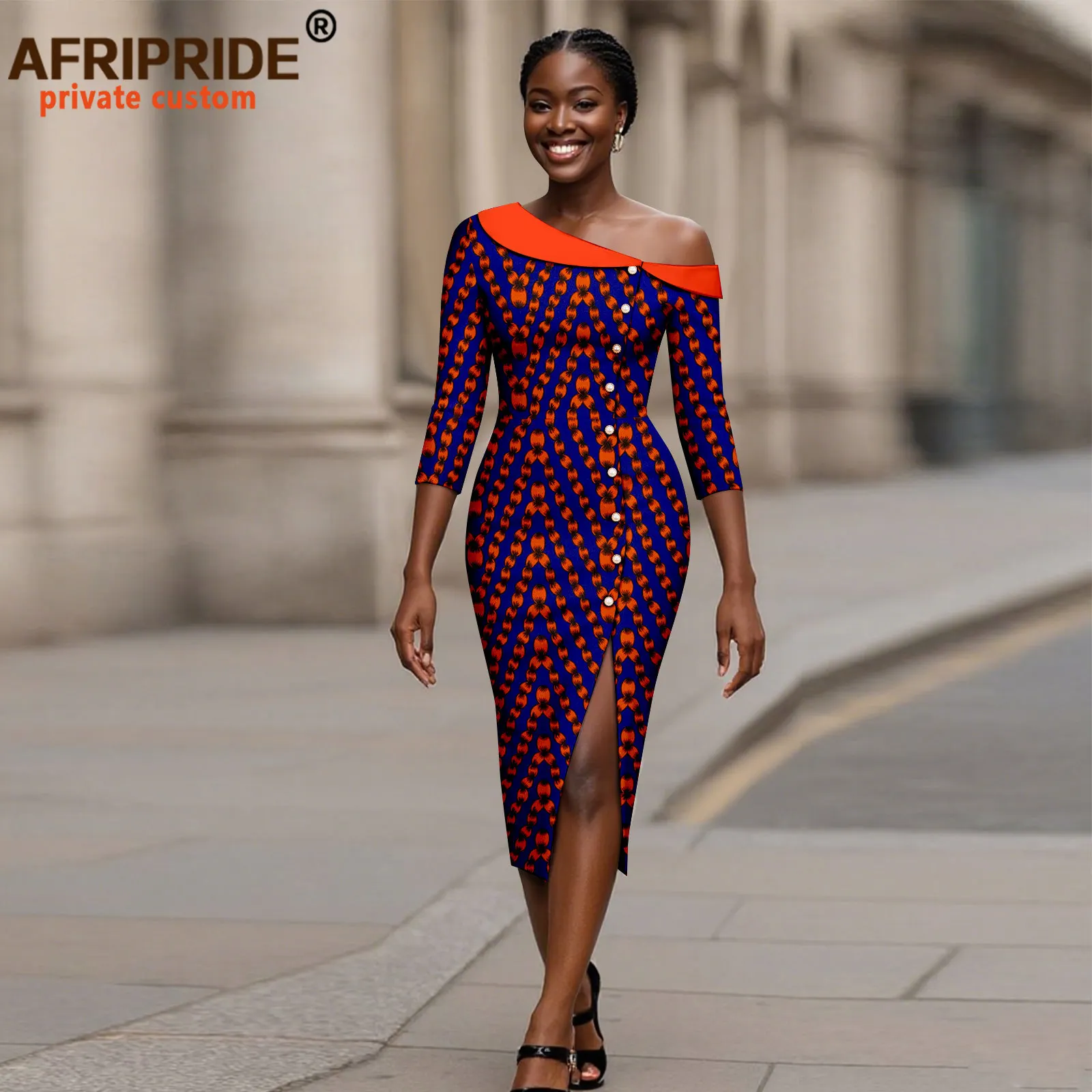 African Dresses for Women Off Shoulder Half Sleeve Single Breasted High Waist Elegant Print Knee Dress Party Attire 2525133