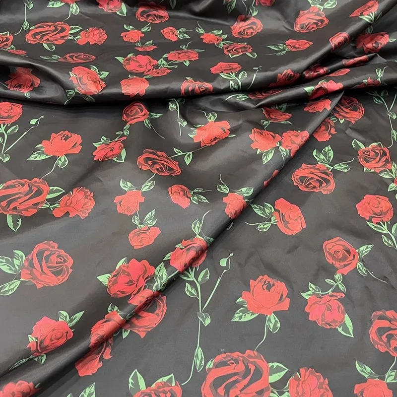 Europe And America Fashion Black Base Red Rose Flower Printed Polyester Fabric For Women Dress Blouse Handmade DIY Cloth Sewing