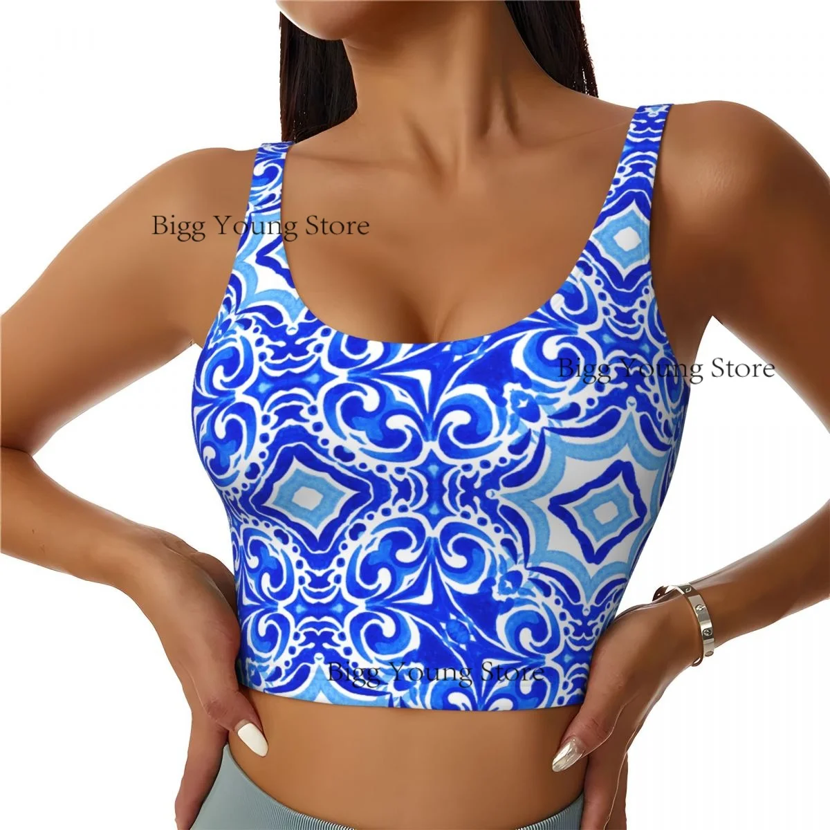 Women Sexy Sports Vest Abstract Blue White Hand Drawn Medallion Female Streetwear Sport Lingerie Tee Crop Top