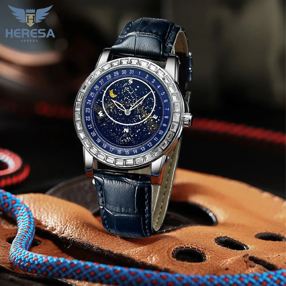 Часы HERESA мужские водонепроницаемые, брендовые оригинальные модные наручные, с диском и движущимися звездами, автоматические, для отдыха