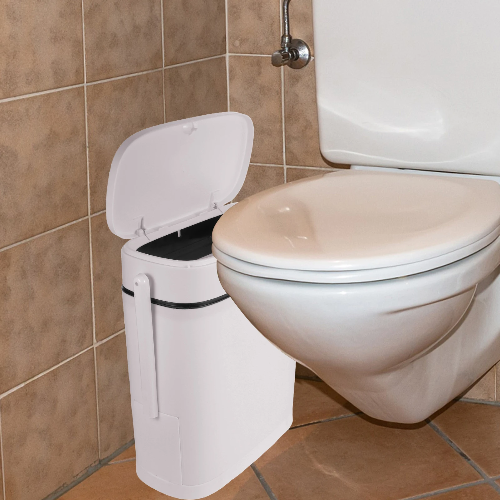 

Toilet Trash Can Plastic Slim Waste Bin Lid for Bathroom Multi function Garbage Container Rectangular Design Storage