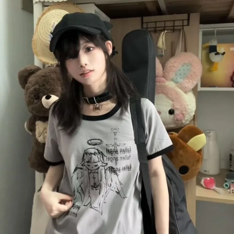 Fairycore Panelled O Neck Half Sleeve T-shirt Loose Student Preppy Style Ropa Mujer Slim Cartoon Minority Casual Shirts
