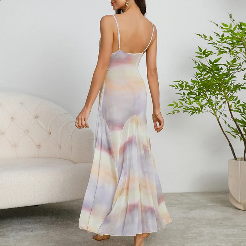 새로운 섹시 란제리 투명한 서스펜더 롱 드레스 타이 염색 그라데이션 메쉬 휴가 스타일 우아한 슬리밍 백리스 여성 잠옷