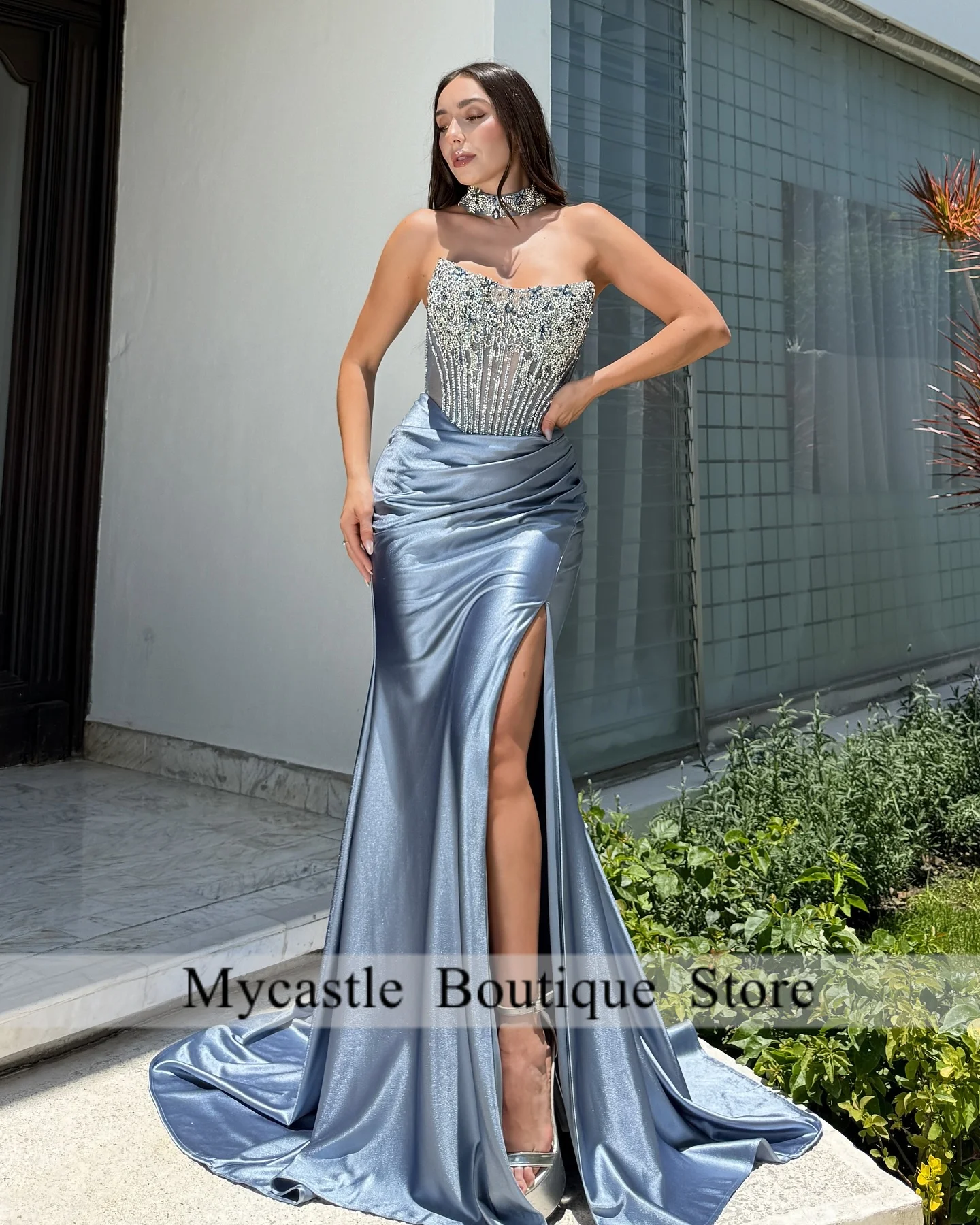 

New Luxury Sparkle Beaded Blue Evening Dresses 2025 High Slit Mermaid Pleats Prom Dresses Shiny Formal Occasion Dress Customized
