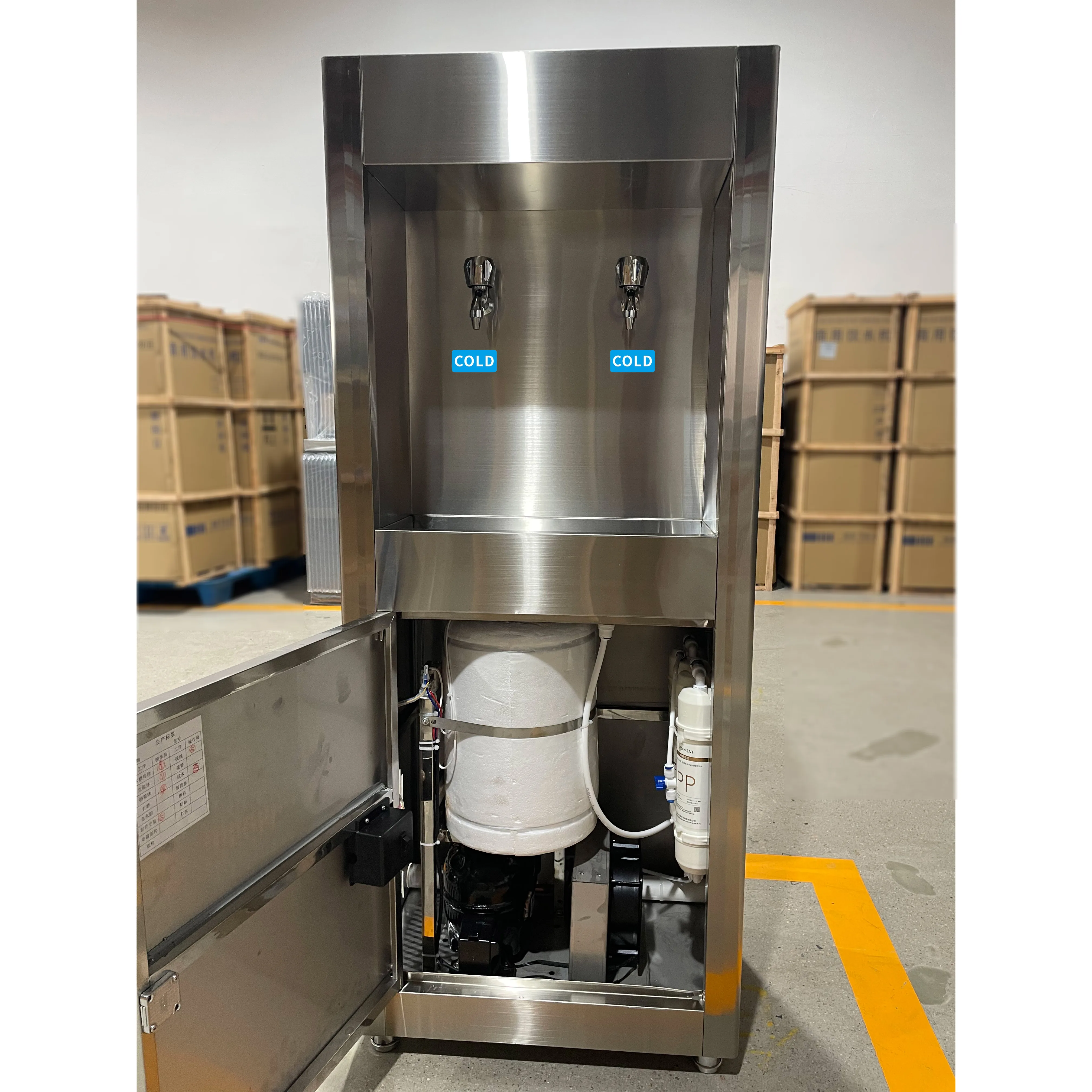 Pendingin Air Stainless Steel Berdiri Sendiri, Dispenser Air Dingin Komersial untuk Kantor, Sistem Pipa Langsung, Tempat Minum