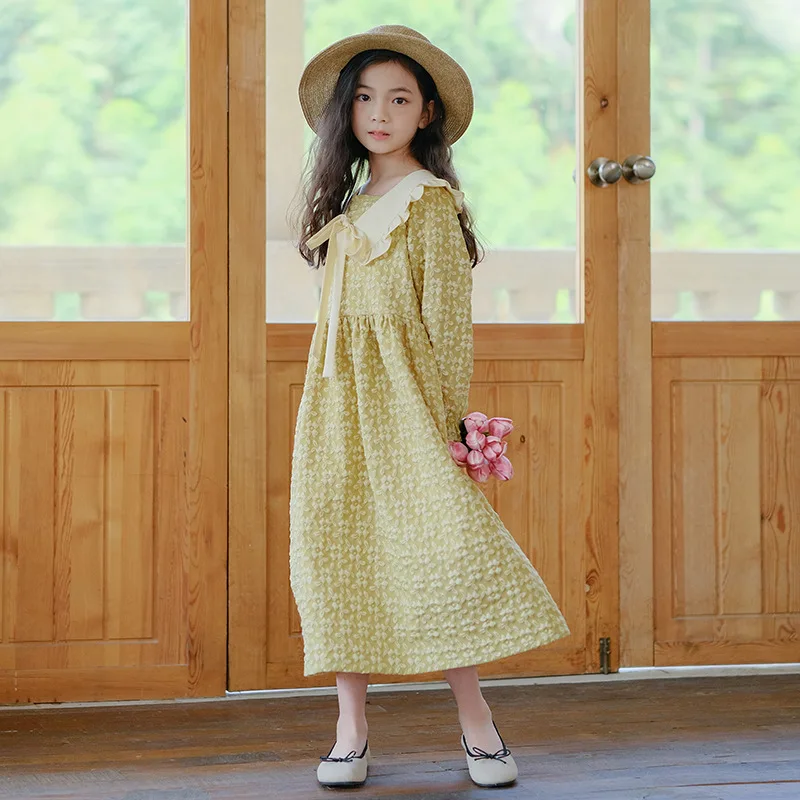 Vintage Jacquard Maxi Girls Dress Kids Long Sleeve Peter Pan Collar French Girls Casual Dresses Cute Lace-up Princess Clothes