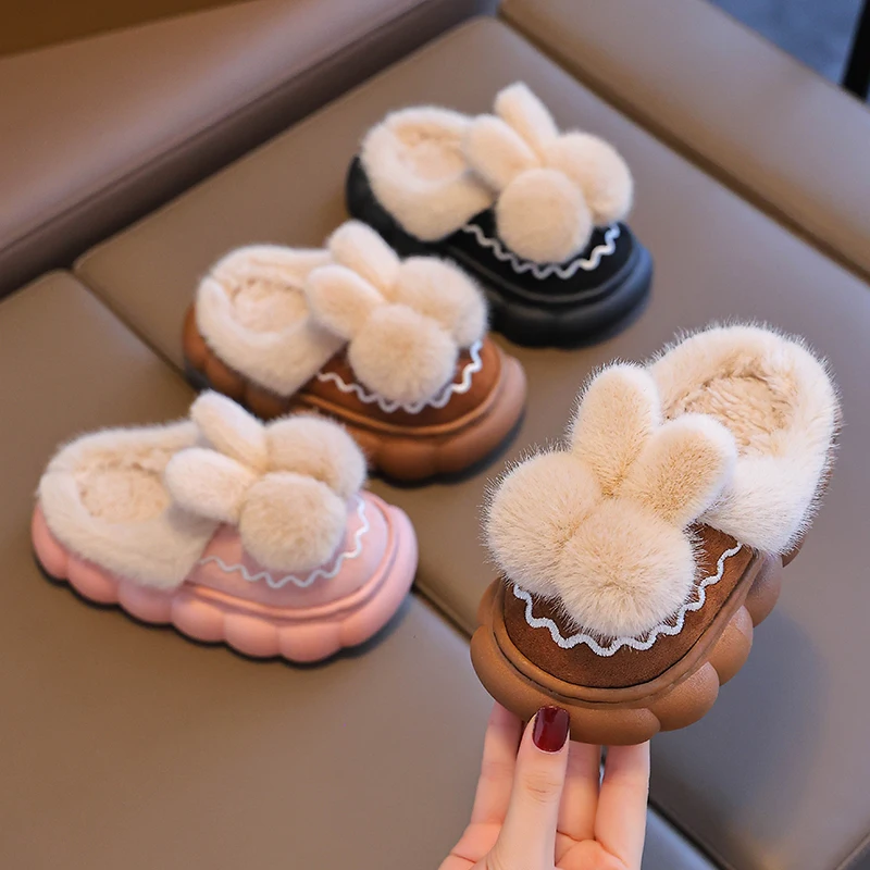 2024 New Winter Cute Hairball Children\'s Waterproof Warm Non-slip Fluffy Slippers For Girls Boys Kids Indoor Home Cotton Shoes