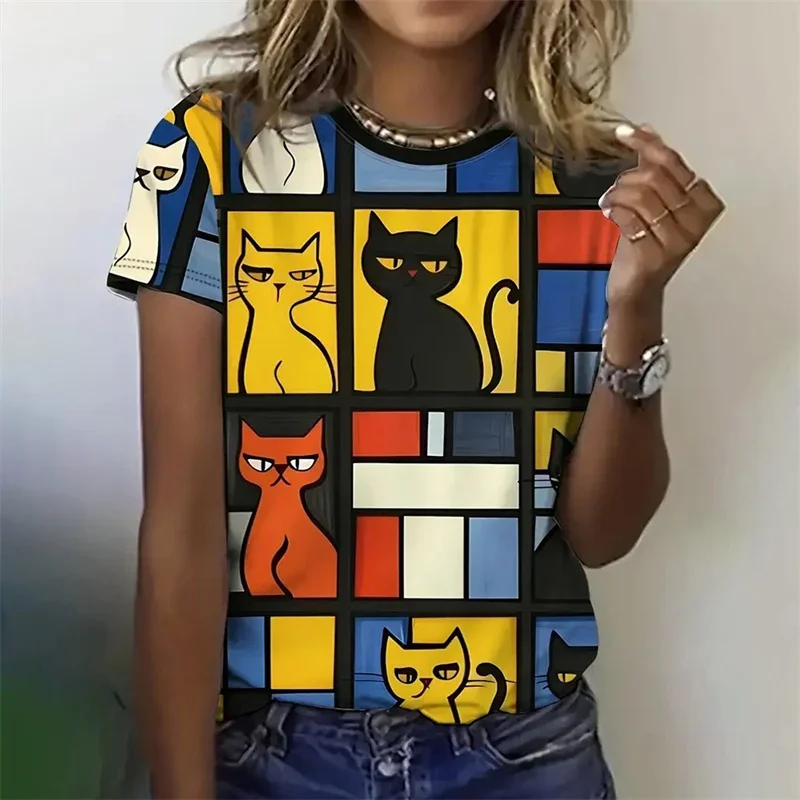 

Cartoon Cat Pattern T Shirt For Women Vintage Geometric 3D Printed Short Sleeves Summer Leisure Tee Round Neck Tops T-Shirts