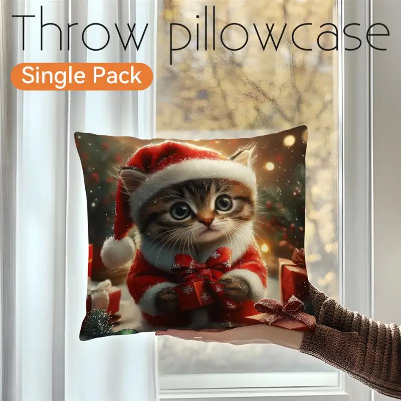 1pcs Christmas Cat Pillowcase Square Bedroom Cushion Covers Zipper Chair Living Soft Comfortable Decor 45x45cm ﻿