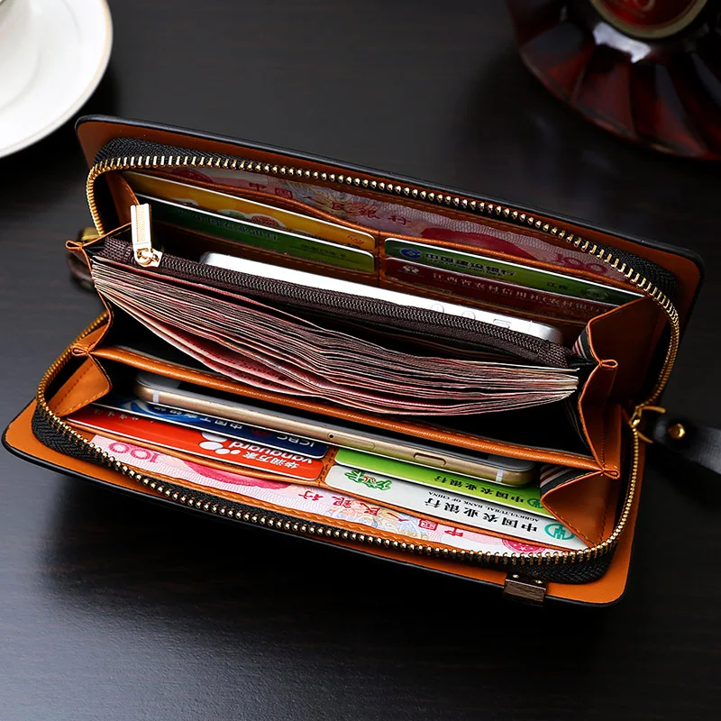 Vintage Men Clutch Bag Leather Long Purse Double Zipper Business Wallet For Husband Gift Black Brown Male Casual Handy Bags