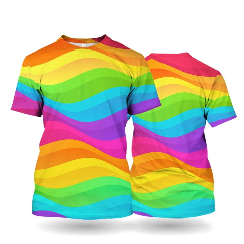 2026 New Rainbow T-Shirt Unisex Short Sleeved Top Tees Carnival Printed T-Shirts Red And Yellow Pattern Oversized Men's Clothing
