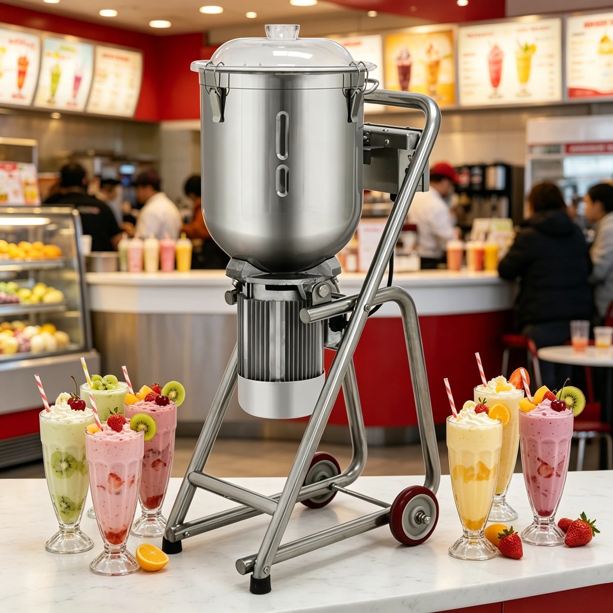 

Mobile Cart High Power Smoothie Blender Commercial Milkshake Fruit Vegetable Ice Crusher Machine with Stand