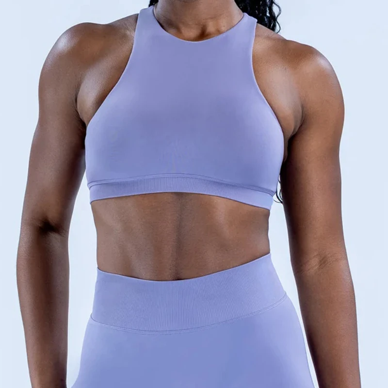 Racer Bra Women Padded Seamless Yoga Bra High Support Sports Bras Removable Cups Ribbed Underband Workout Gym Crop Top Bras