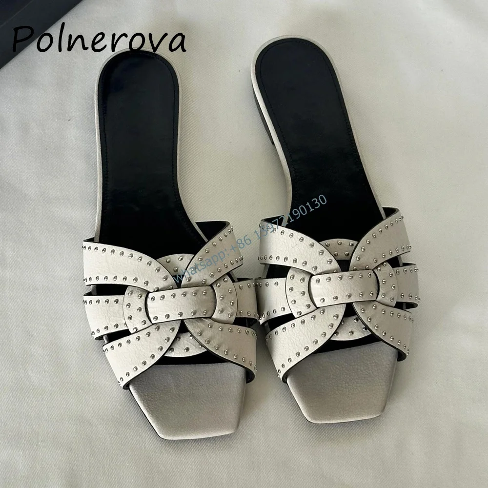 

Genuine Leather Weave Rivet Slippers Square Toe Slip On Flat with Slingback Shoes Breathable Luxury Outdoor Solid Women Shoes