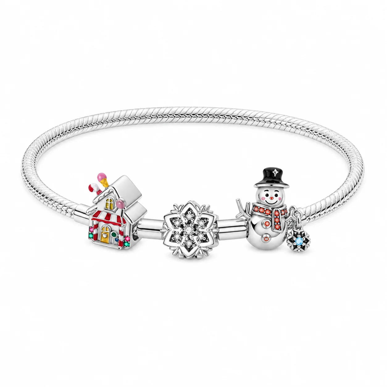 925 Sterling Silver Snake Chain Bracelet with Gingerbread House Snowman Snowflake Charm Beads Women Christmas Jewelry