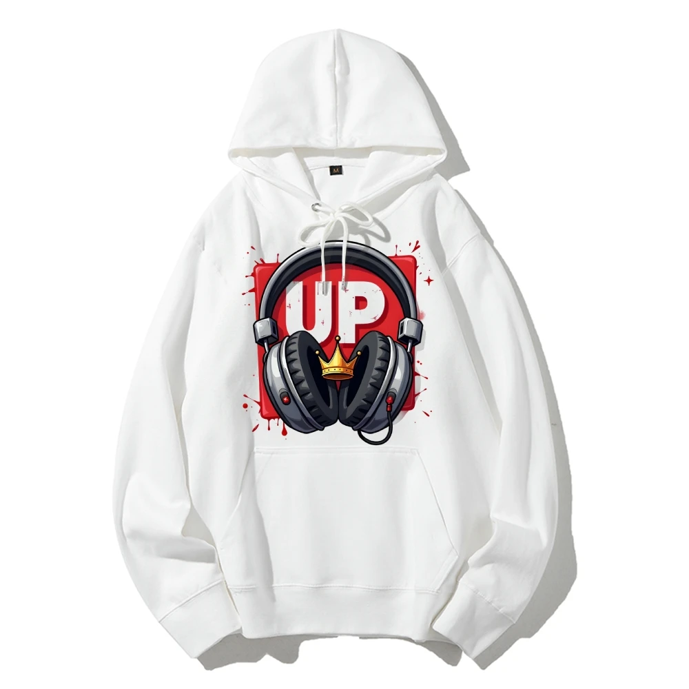 

Y2K Graphic Hoodie Up with Headphones Crown Print Hoodie Cool Musical Uplifting Soft Fabric for Audio-Inspired Casual Looks