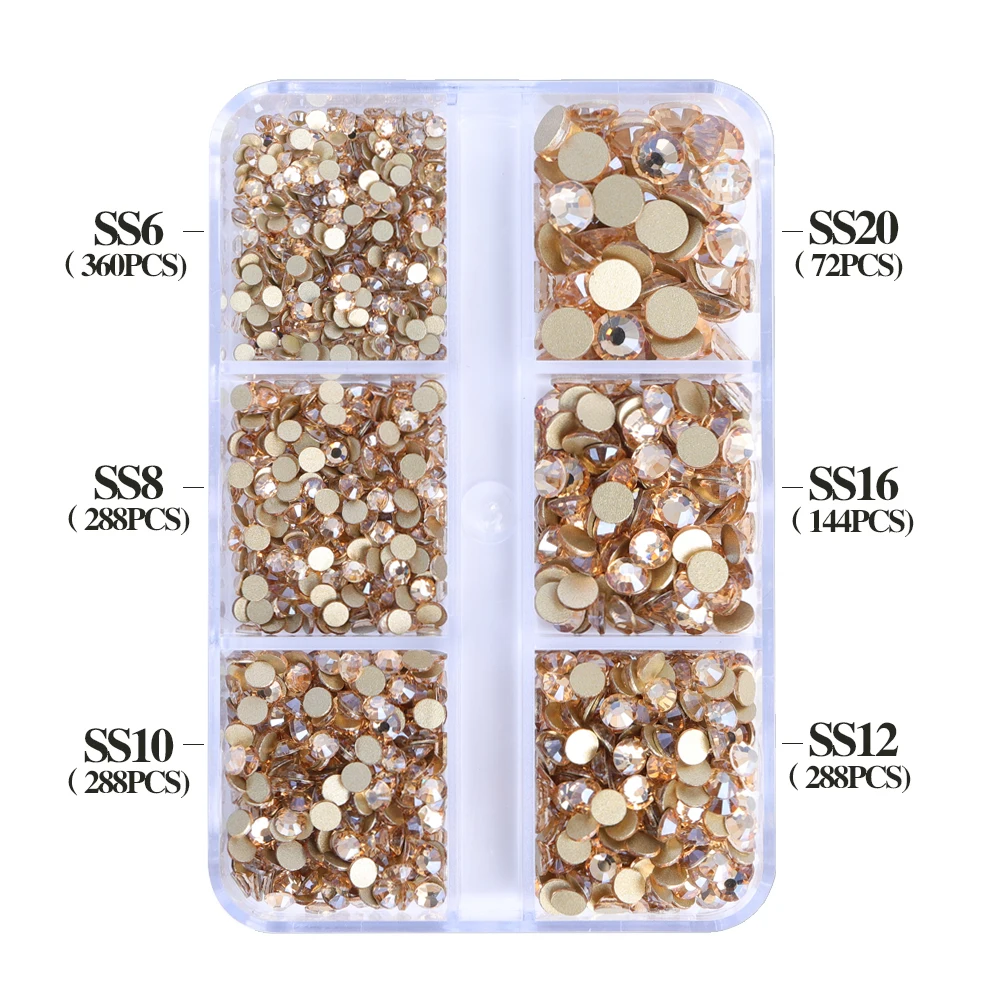 Gold bottom 6 grids/box non thermal fixed glass rhinestones SS6-SS20 mixed size flat crystal stone bonded diamond 3D nail art ac