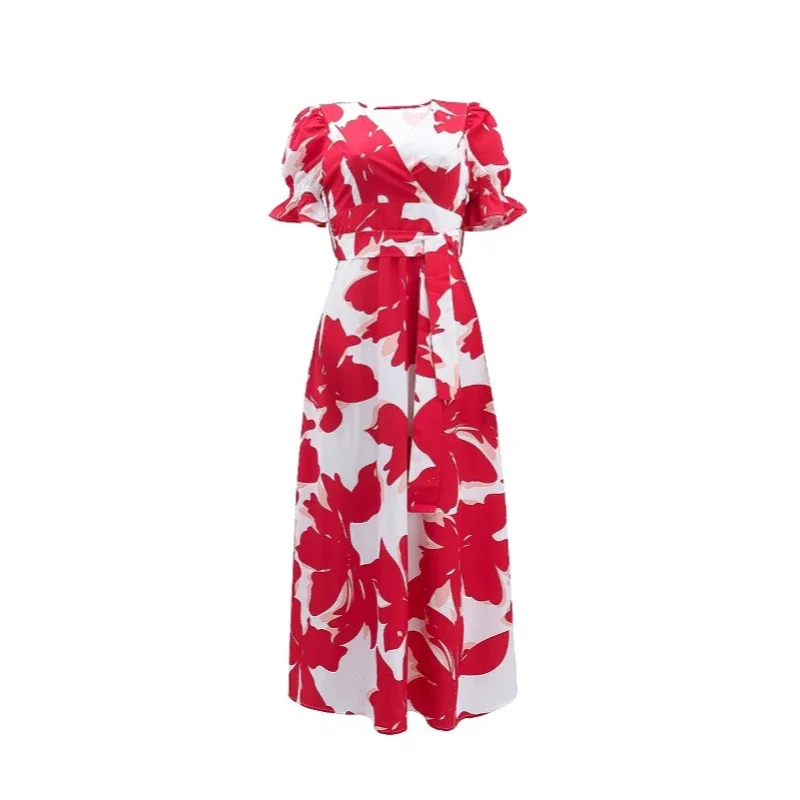 

Elegant Floral Print Pleated Evening Dress Lady Leisure V Neck Loose Commute Long Dress Fashion High Waist Big Hem Women Dresses