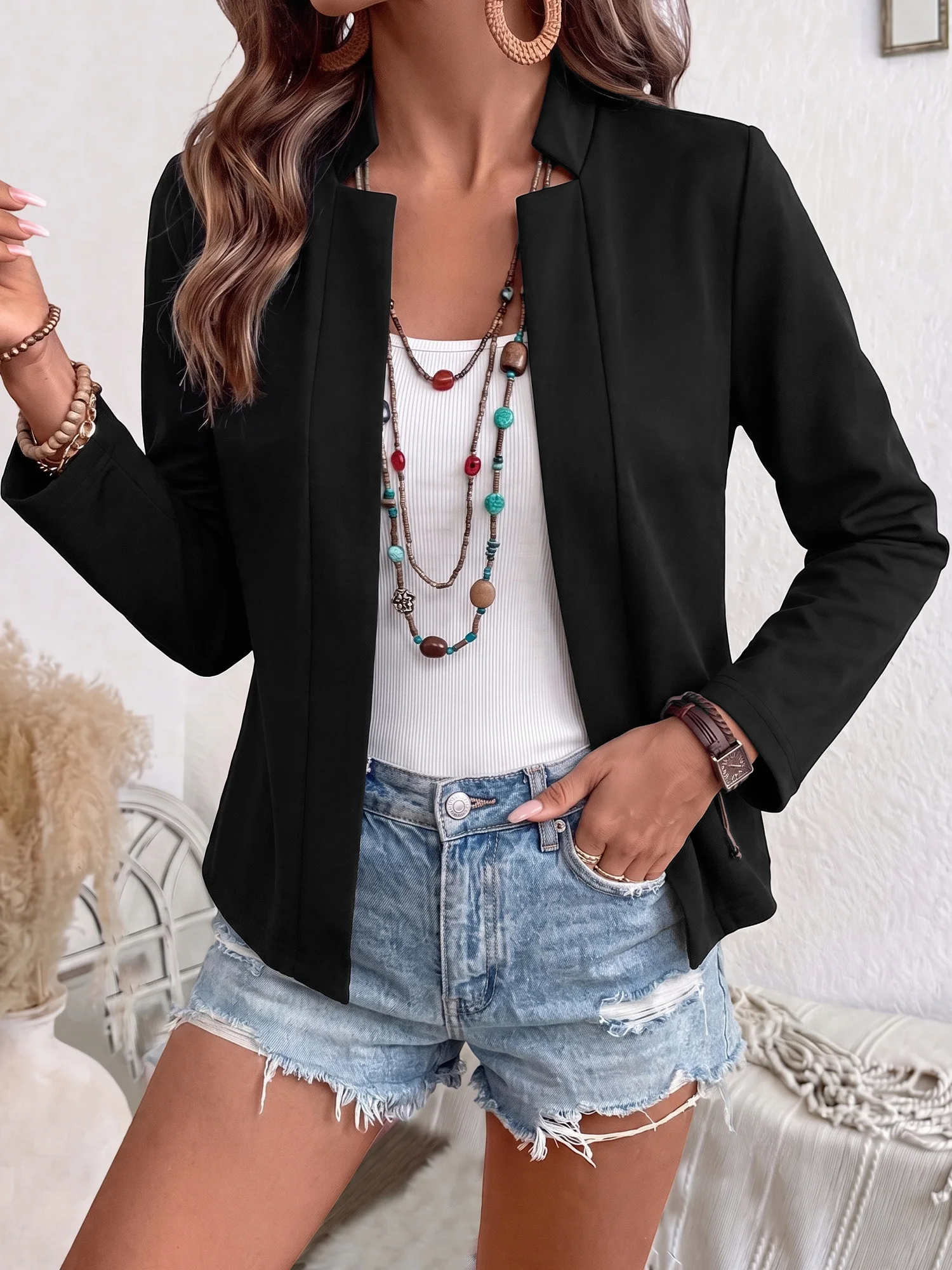 Women Basic Mandarin Collar Open Suit Blazer Long Sleeve Solid Slim Fit Commuter Casual Outerwear