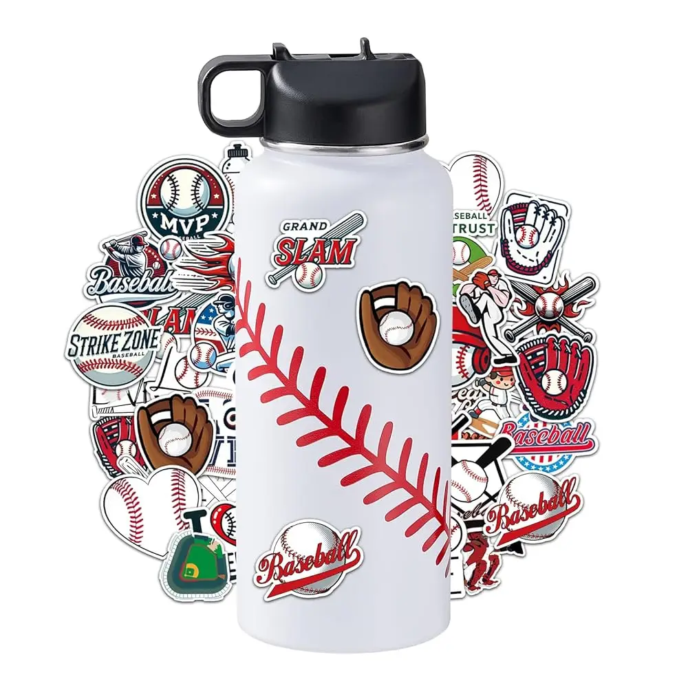 

Baseball Water Bottles for Boys 32 oz and 100 PCS Baseball Stickers Sports Insulated Stainless Steel Water Bottle Baseballs A