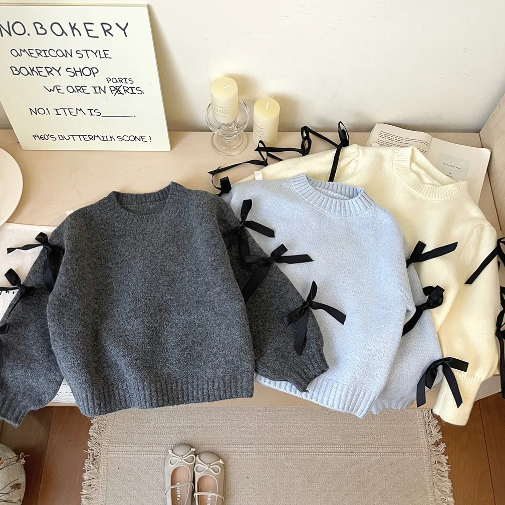 Baby Girls Sweater Bow Fashion Pullover Sweet Knitted Sweater 2024 Jesień Nowy koreański styl Sweter dziecięcy Płaszcze