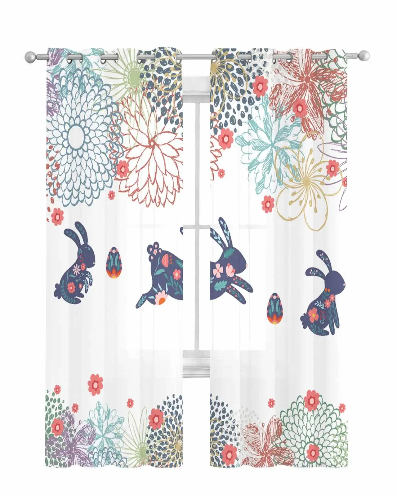 Easter Bunny Print Floral Sheer Tulle Curtain Children Bedroom Curtains Living Room Window Treatment Voile Drape