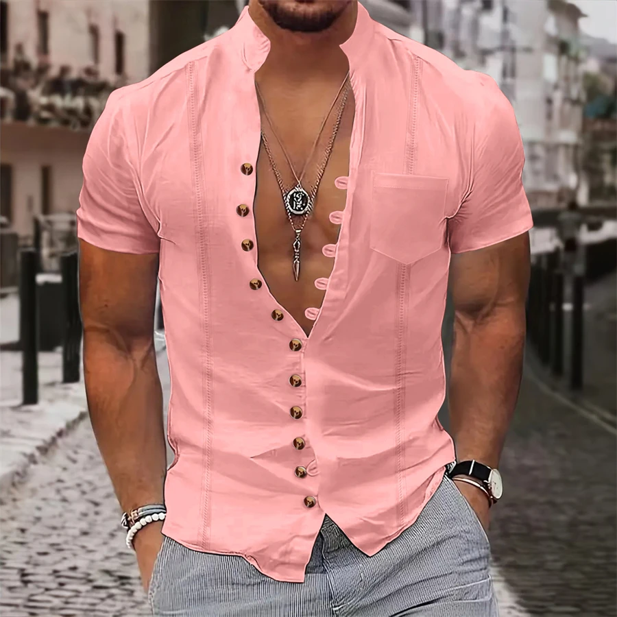 2024 summer Europe and the United States leisure men's vintage cotton hemp button-up collar short-sleeved shirt