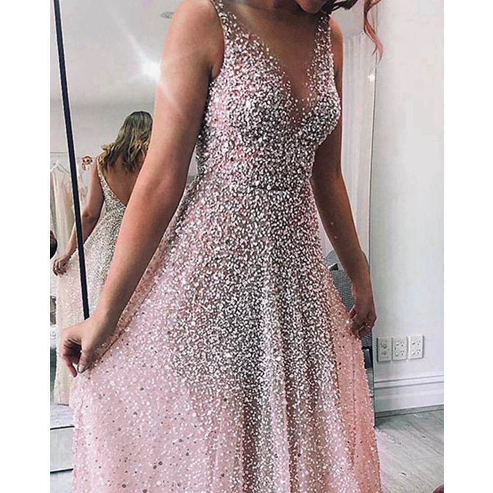 Summer Women Sequins Bling Sleeveless Maxi Dress Long Robe Femme Plunge V-neck Night Evening Dress Elegant Gowns Luxury Vestidos