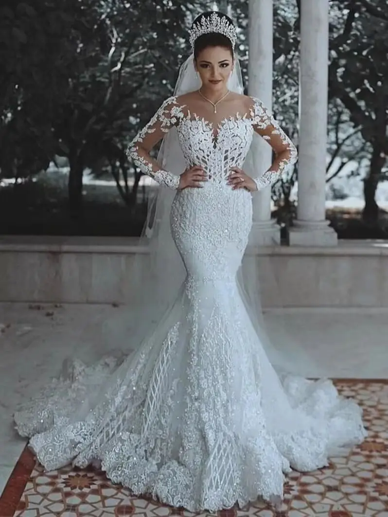 Vestidos de casamento sereia para meninas mulheres bainha mangas compridas vestidos de noiva rendas apliques praia colher pescoço personalizado feito