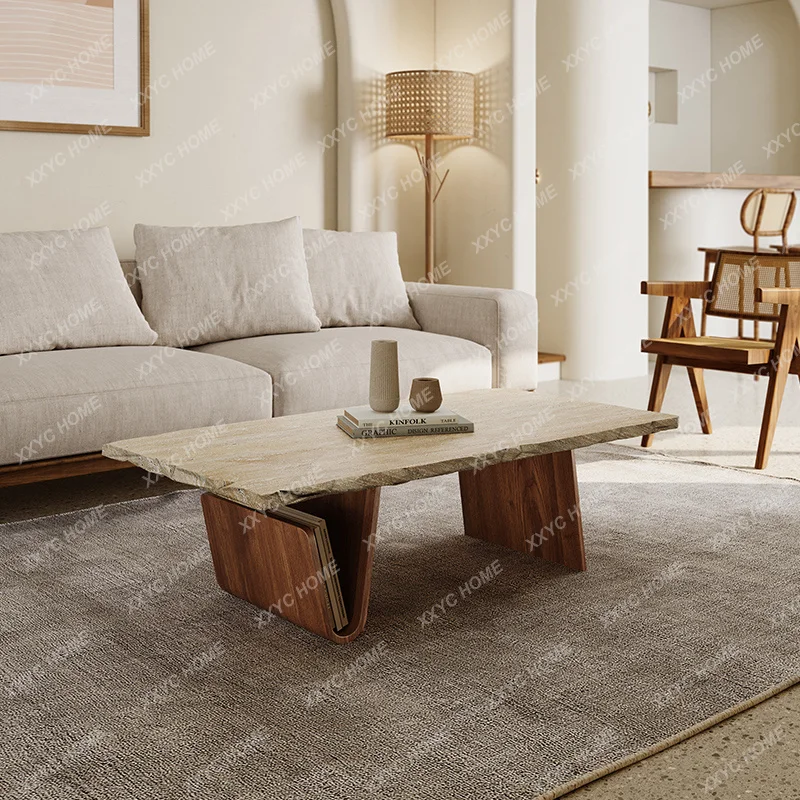 Minimalist solid wood travertine coffee table small apartment living room household rectangular luxury stone medieval retro