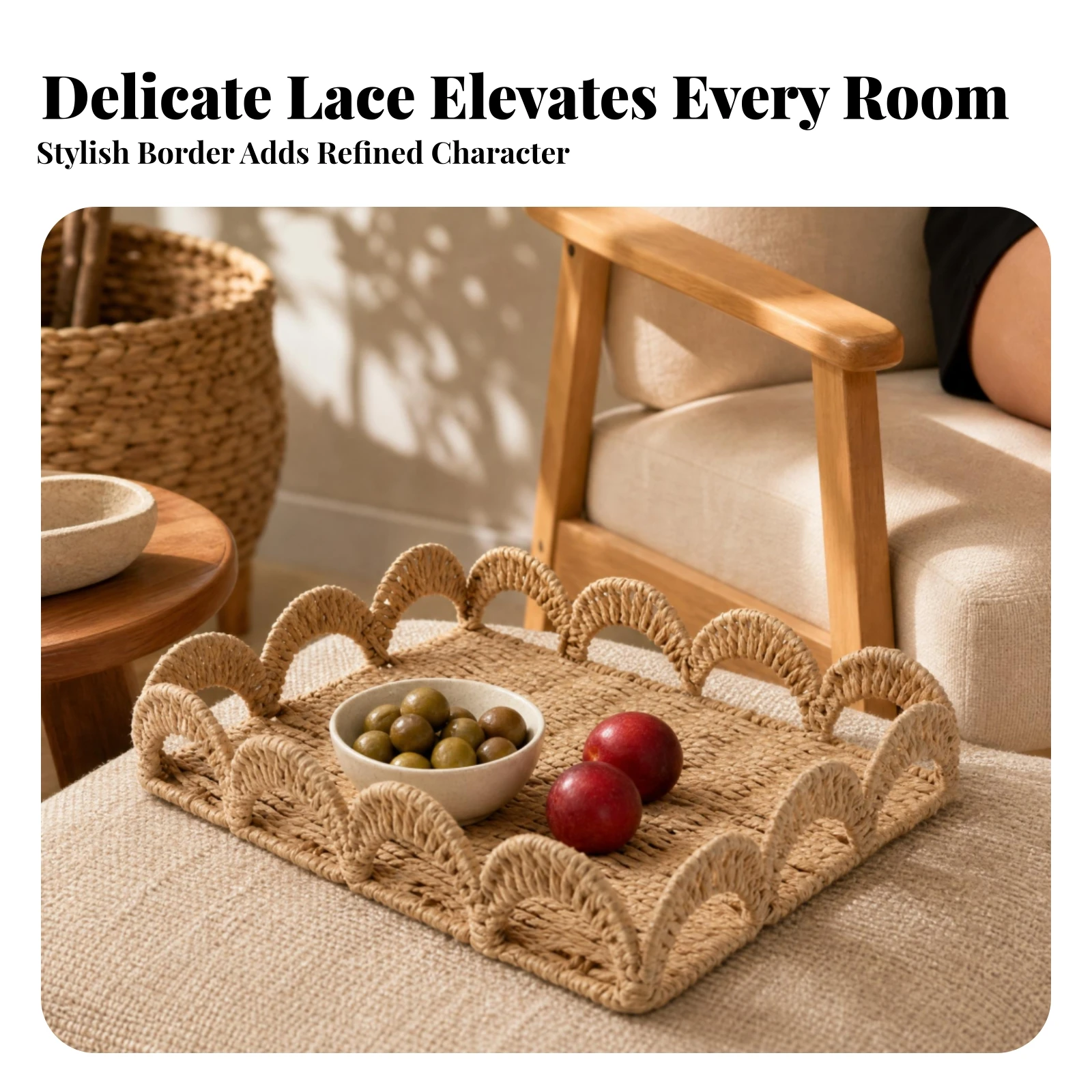 Eco-Friendly Handwoven Hand Woven Tray with Handles Houseware Scalloped Handle Tray