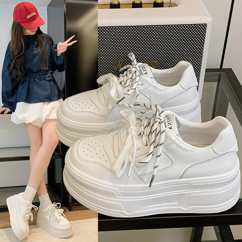 

Height-Increasing Platform Shoes for Women with Double Laces Genuine Leather White Sneakers thick-soled sports casual shoes