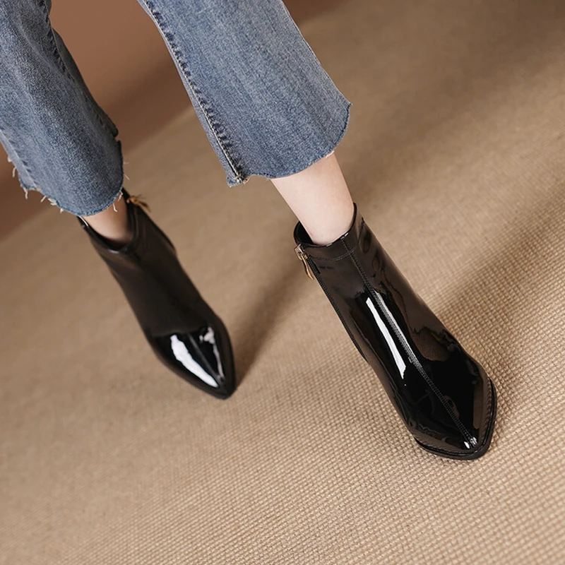 NEW Autumn Women Boots Pointed Toe Chunky Heel Boots Patent Leather Shoes for Women Concise Black Ankle Boots botines mujer