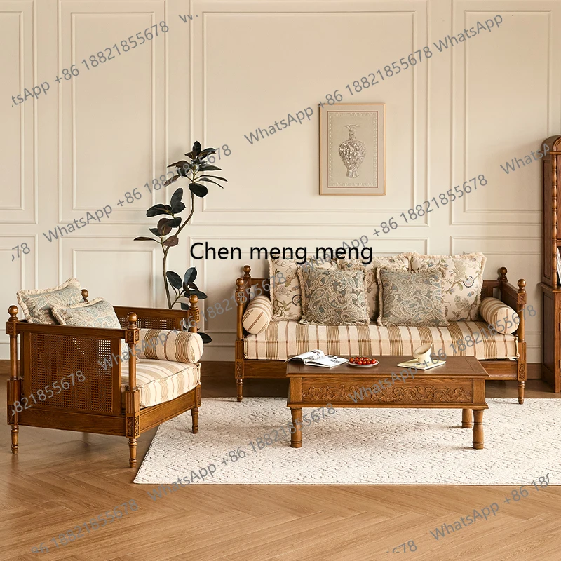 

Solid wood rattan surface single seat three person widened sofa living room, retro, combination sofa