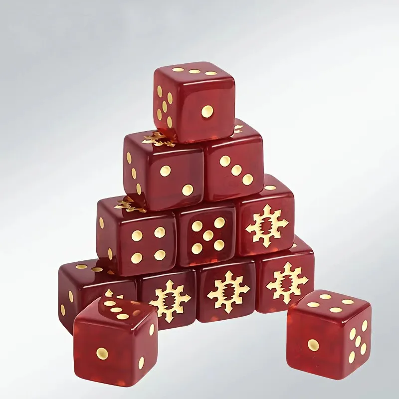 16mm transparent red 6-sided d 6 cube dice rounded gold dots & unique custom marks, table games & party game dice accessories