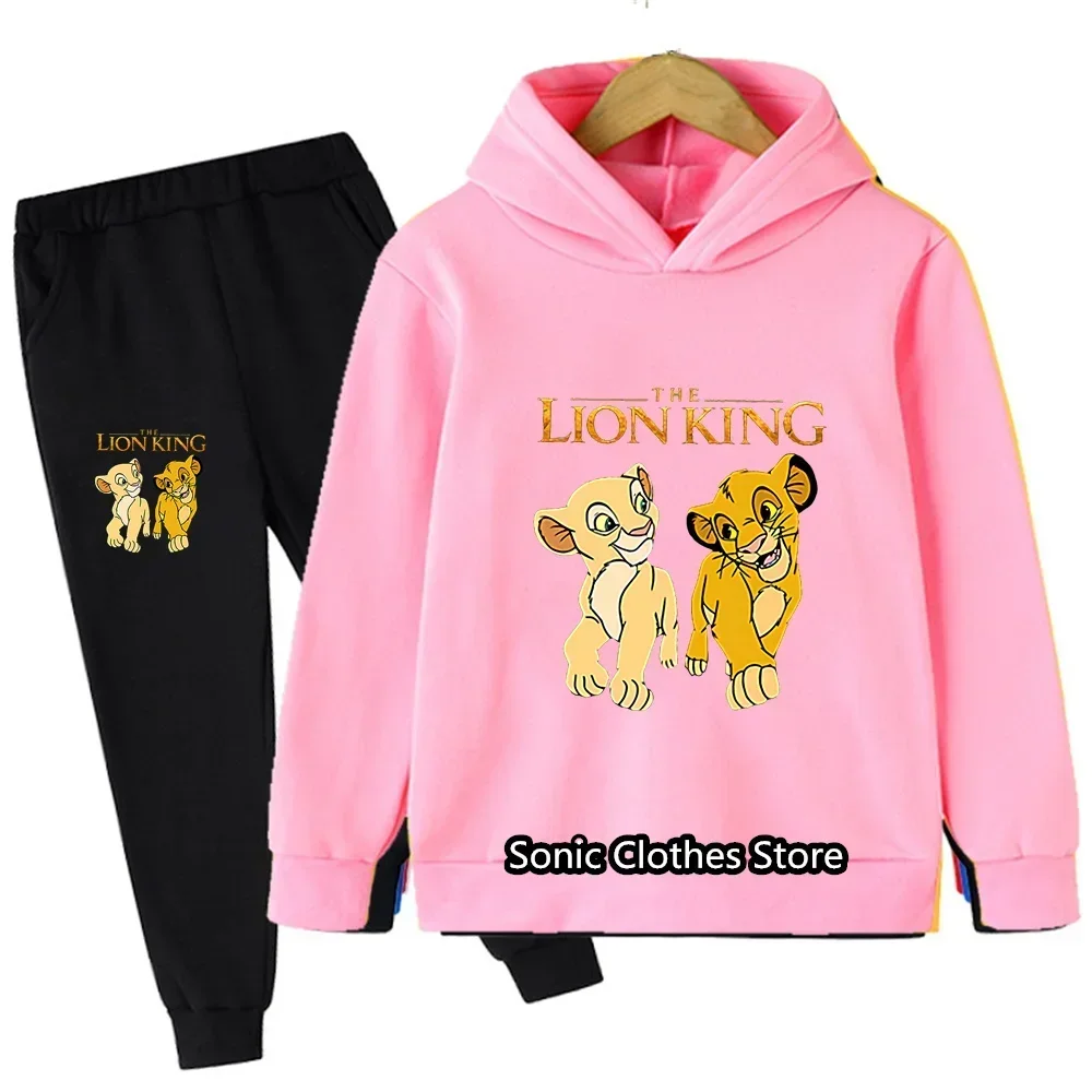 Disney Cartoon Animals Graphic Simba Kids Clothes Cotton Suit Girls Cartoon Lion King Hoodies Pants 2Pcs Casual Boys Girls Sets