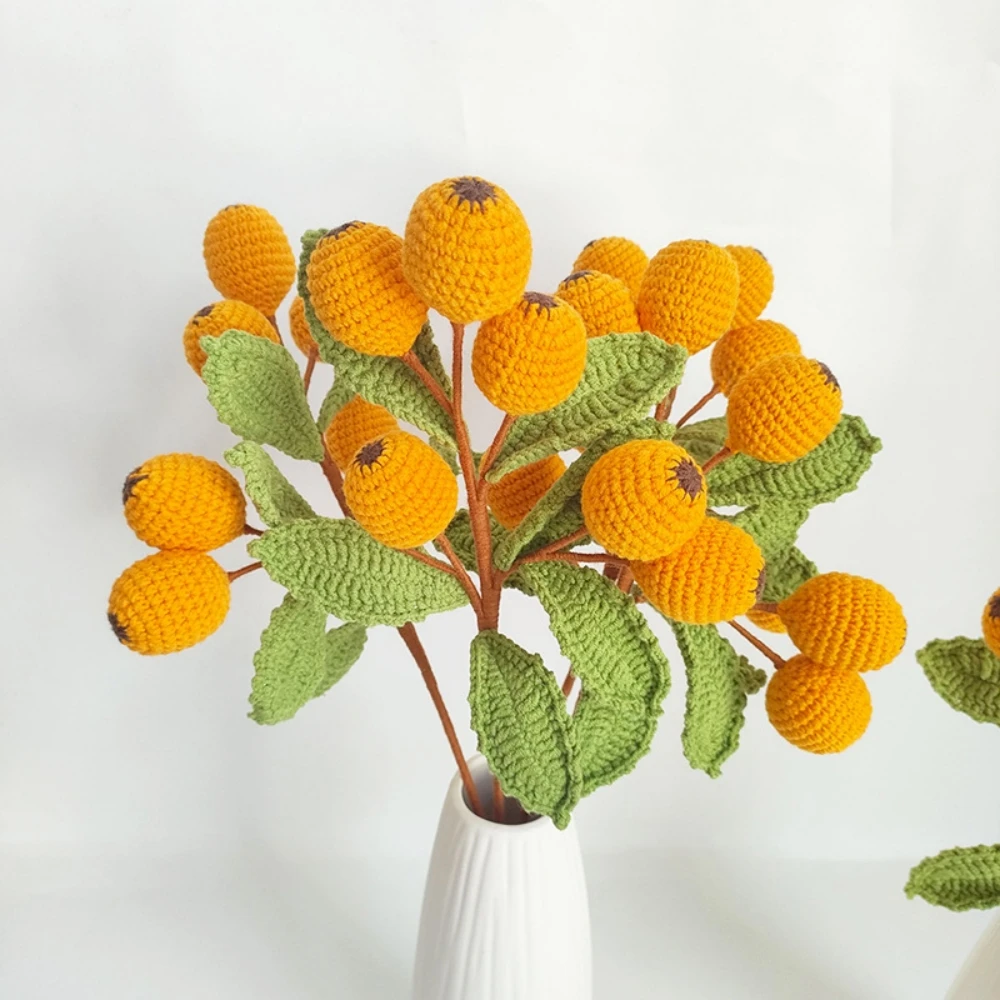 2 Branches Artificial Loquat Plant Hand Woven Home Ornaments Fruit Bouquet Simulated Flowers Decorative Faux Loquat for Home