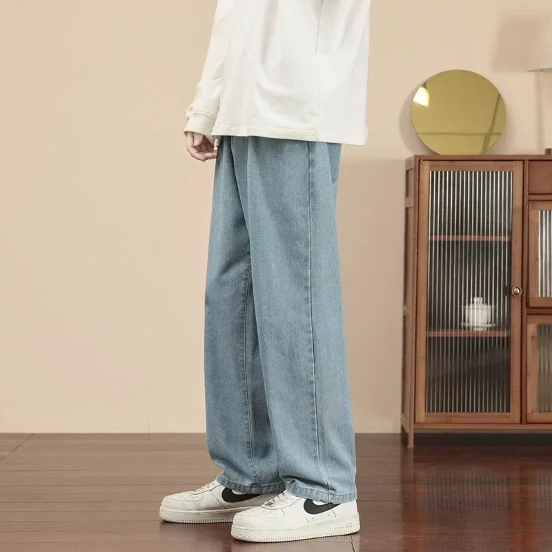 Korean Fashion Men's Baggy Jeans Classic All-match Solid Color Straight-leg Casual Denim Wide-leg Pants Male Light Blue Black