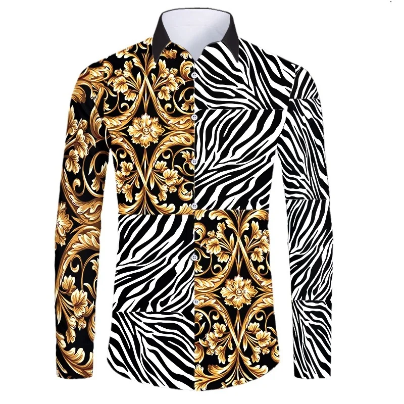 High End Luxury Golden Pattern 3D Printed Short_Full Sleeve Button-down Shirts For Men Street Style Trendy Tops Hip Hop Outfits