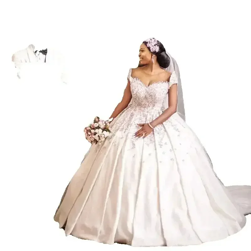 Customized  Shinny Beads Appliques Ballgown Wedding Dress Vestido De Casamento Sweep Train Puffy Garden Princess Bridal Gowns