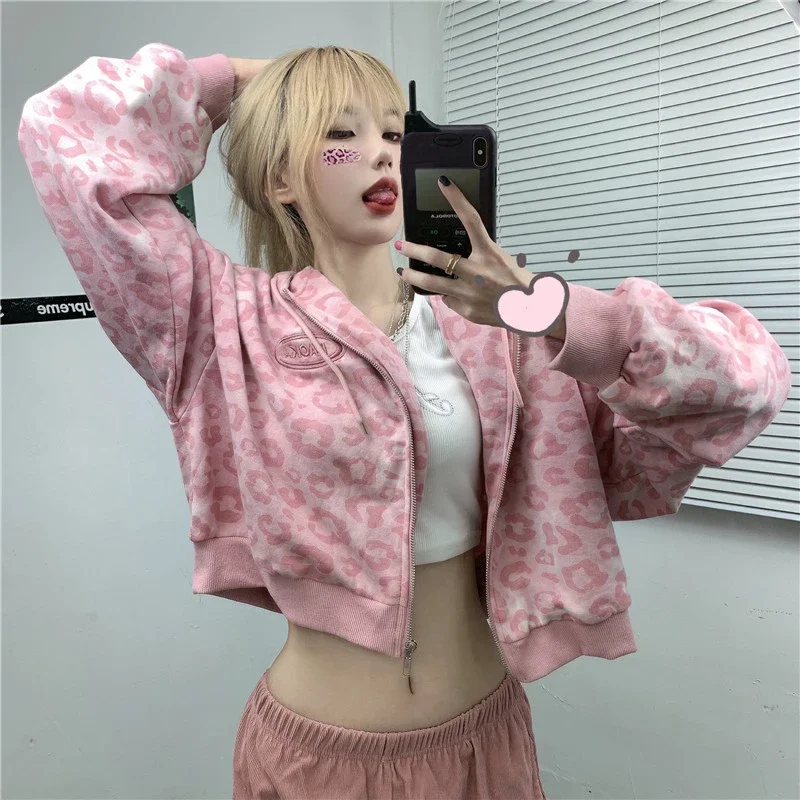 Streetwear Leopard Women Crop Hoodies Cute Pink Long Sleeve Fall Short Coats Loose Harajuku Oversize Female Tops Dropship