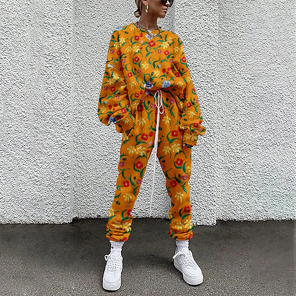 Two Piece Set Sports Outfit Suit Sweatsuits Women's Tracksuit Blue Floral Print Sportswear Jogger Hoodies Sweatshirt And Pants
