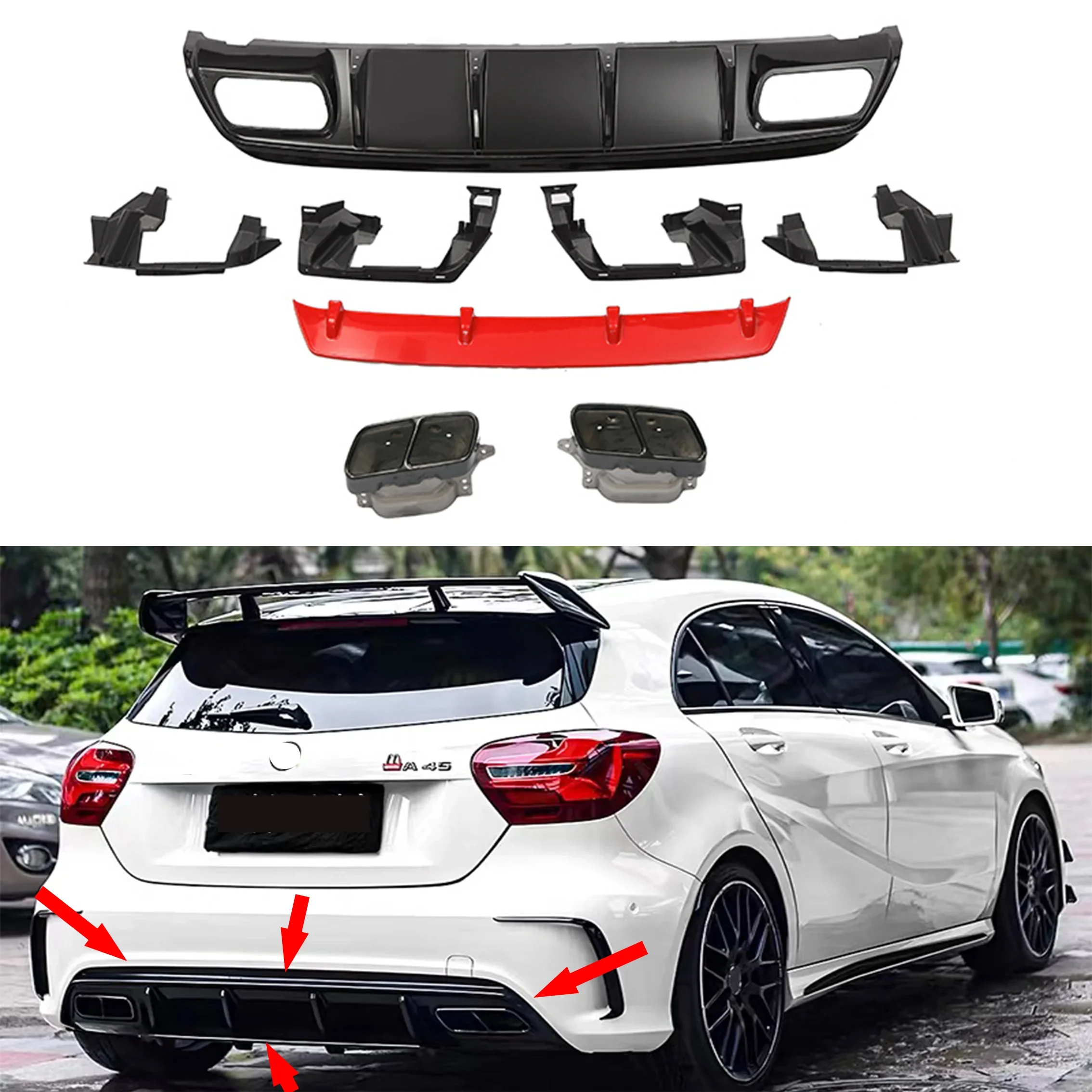 

W176 Rear Bumper Diffuser with Red Lip & 4-outlet Exhaust Tips 304 Stainless Steel For Mercedes W176 A45 AMG Package 2013 -2018