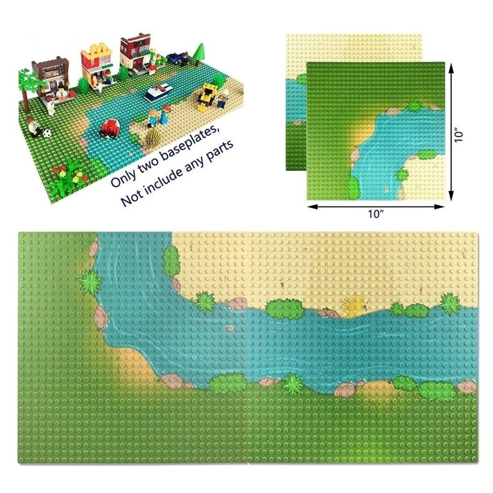 2Pcs 32x32 Dots Grassland River Baseplate Set, Compatible with Major Brands, Straight & Curved Brick Plates for Kids City Buildi