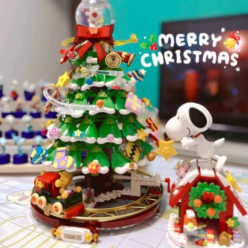 Snoopy Bouwstenen Pinda's Cartoon Circus Beweegbare Carrousel Assemblage Kleine Kinderspeelgoed Model Ornamenten Geschenken.