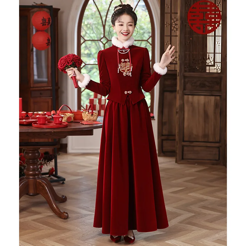 

New Chinese Sle Long Sve Velvet Thiened Hanfu Wedding Dr Red Wine Serving Costume Traditional Chinese Long Qipao Dr