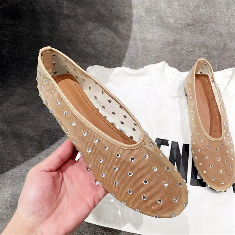 Luxury Crystal Rivet Design Mesh Sandals Women Light Breathable Flats Fashion Comfort Mules Shoes Elegant Loafers Ballet Shoes