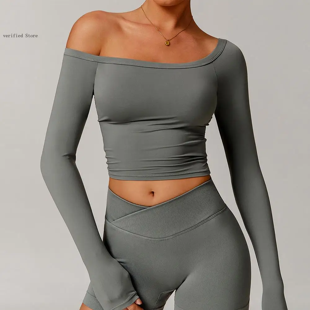 Spring and Autumn Sexy One Shoulder Long Sleeve Brushed Tight Fitness Yoga Long Sleeve T-Shirt for Women