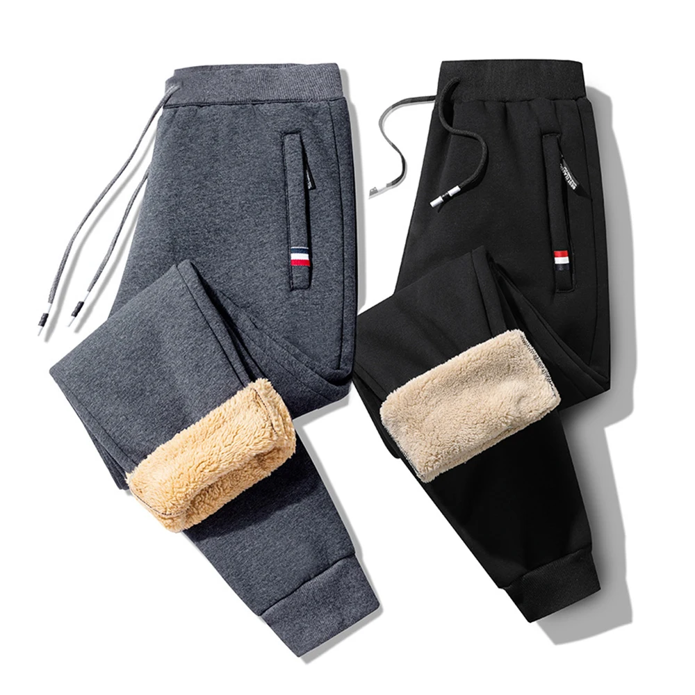 Winter Lambswool Warm Casual Pants Men's Fitness Jogging Sweatpants Male Solid Drawstring Bottoms Fleece Straight Trousers